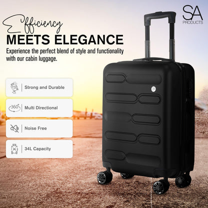 SA Products Cabin Suitcase | 34L Carry On Suitcase, Cabin Bag 55x40x20 with Combination Lock | Hard Shell Suitcase with 4 Wheels Cabin Luggage, Cabin Bags 55 x 40 x 20 Approved (Black)