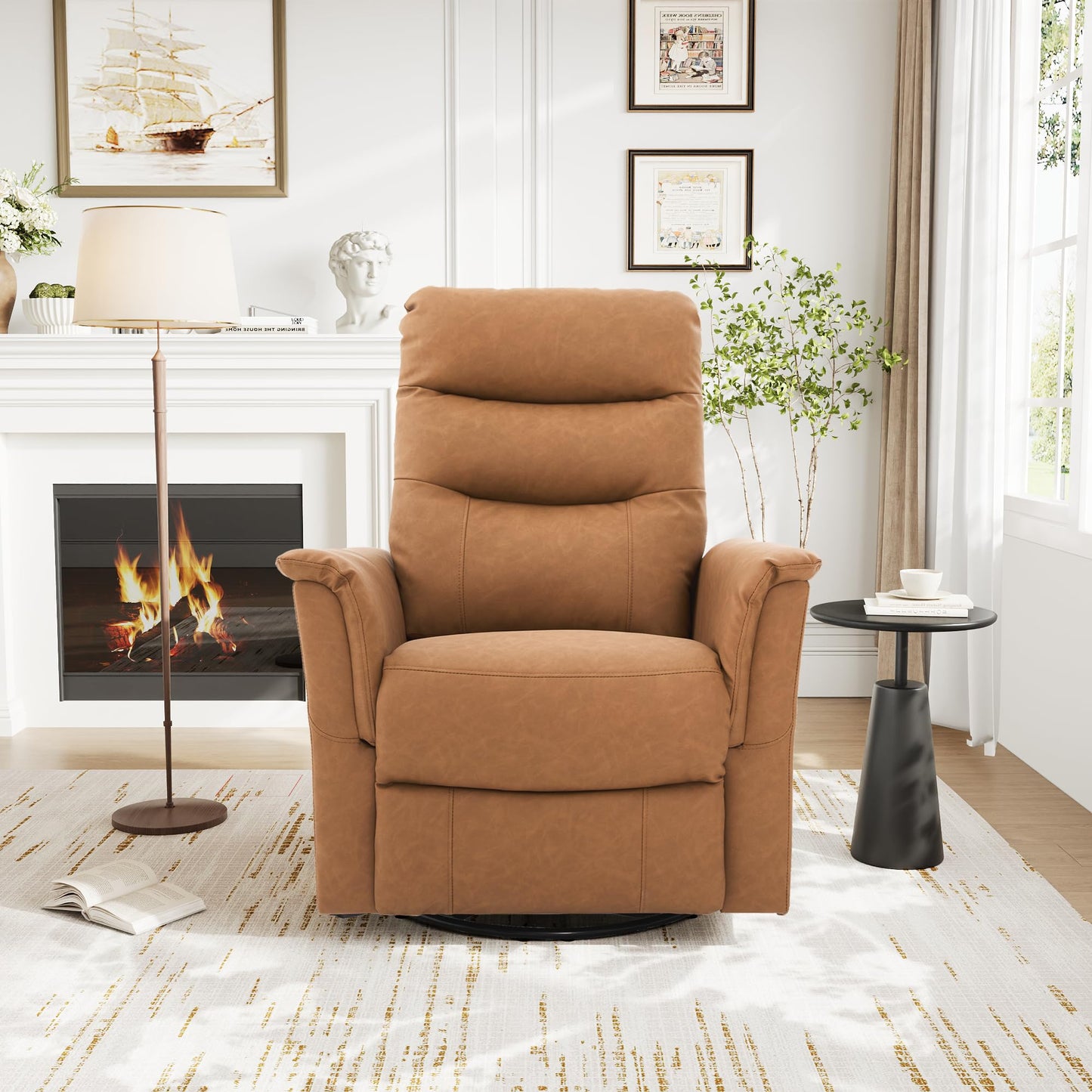 Merax Manual Recliner Chair Rocking & 270° Swivel Recliner with 8-Point Massage Function and Adjustable Backrest, Brown PU Leather Recliner for Living Room, Nursery, Bedroom, Brown