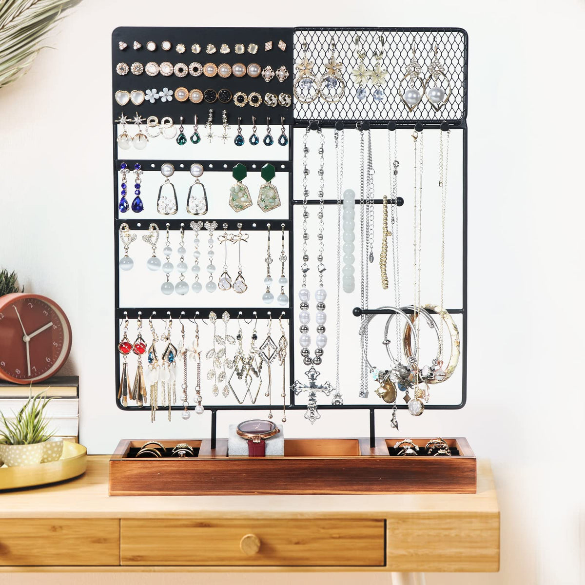sovia Jewelry Organizer Stand,Earring Organizer with 84 Holes Ear Stud,Jewelry Organizer Holder with Wooden Tray for Earrings Necklaces Bracelets Watches and Rings,Earring Holder Organizer,Black
