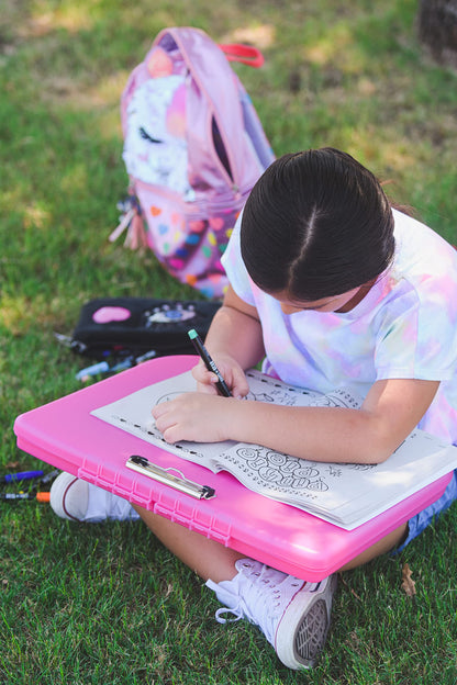 DEXAS Portable Lap Desk with Storage, Integrated Handle, Exterior Wire Clip, 18”x 15.25”x 1.38” Pink w/White Latch