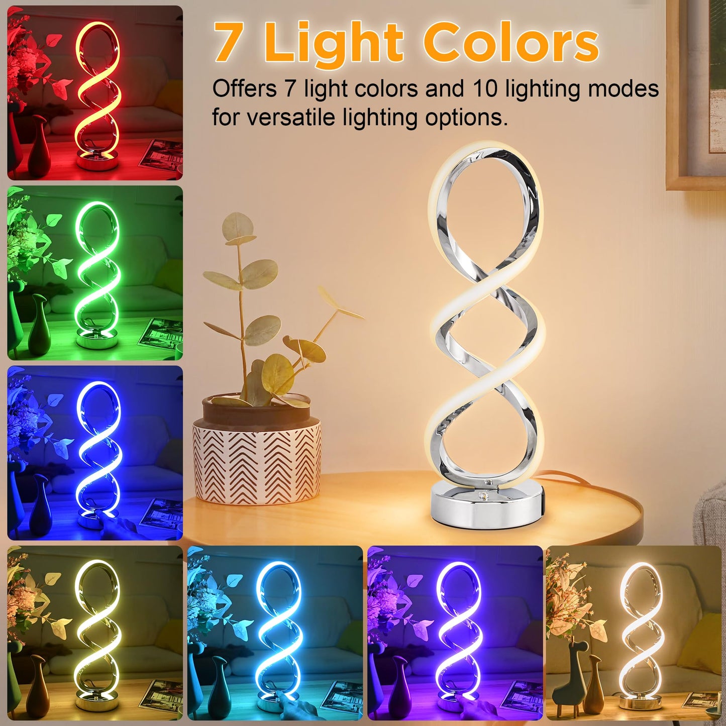 Adebime Modern Spiral RGB Table Lamp, Touch Dimmable Bedside Lamp, 7 Colors 10 Light Modes Spiral Design Table Lamp, Unique Nightstand Lamp for Living Room, Bedroom, Cool Lamps, Silver