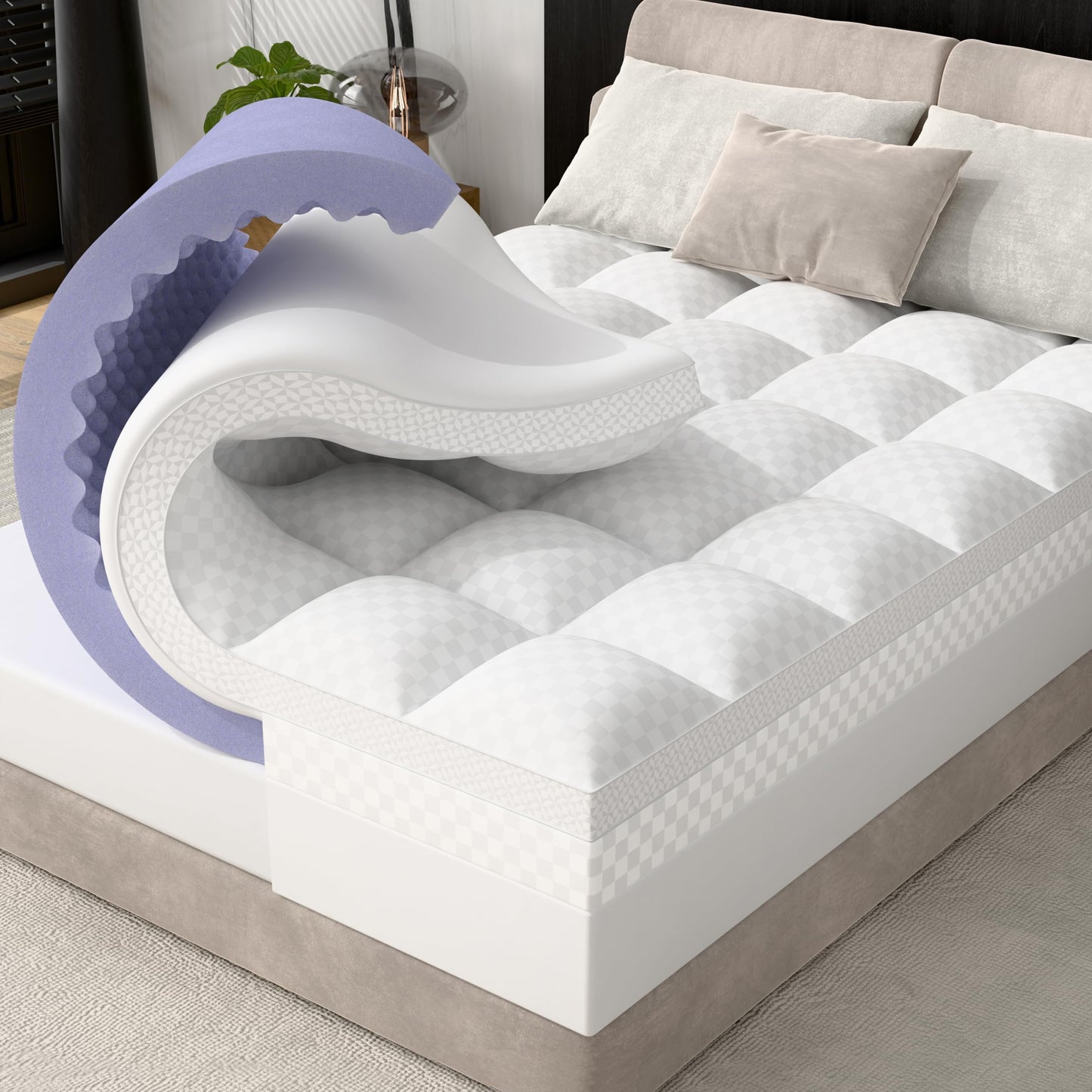 downluxe 4 Inch Queen Memory Foam Mattress Topper Pro Dual Layer 2 Inch Cooling Gel Egg Crate Memory Foam Plus 2 Inch Pillow Top Soft with Deep Pocket