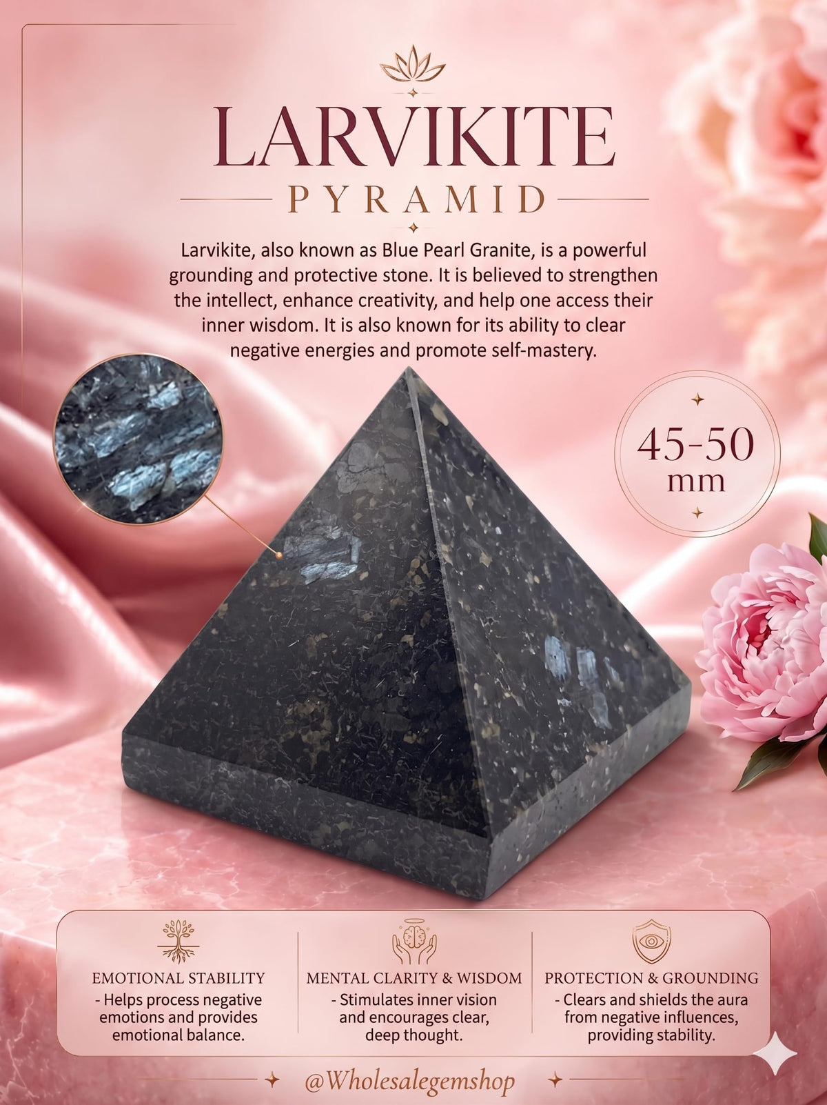 GEMSCITE Larvikite Pyramid Crystal Healing Stones - 2" Great Pyramid Figurine of Natural Stone for Meditation, Reiki, Chakra Balancing, Handcrafted