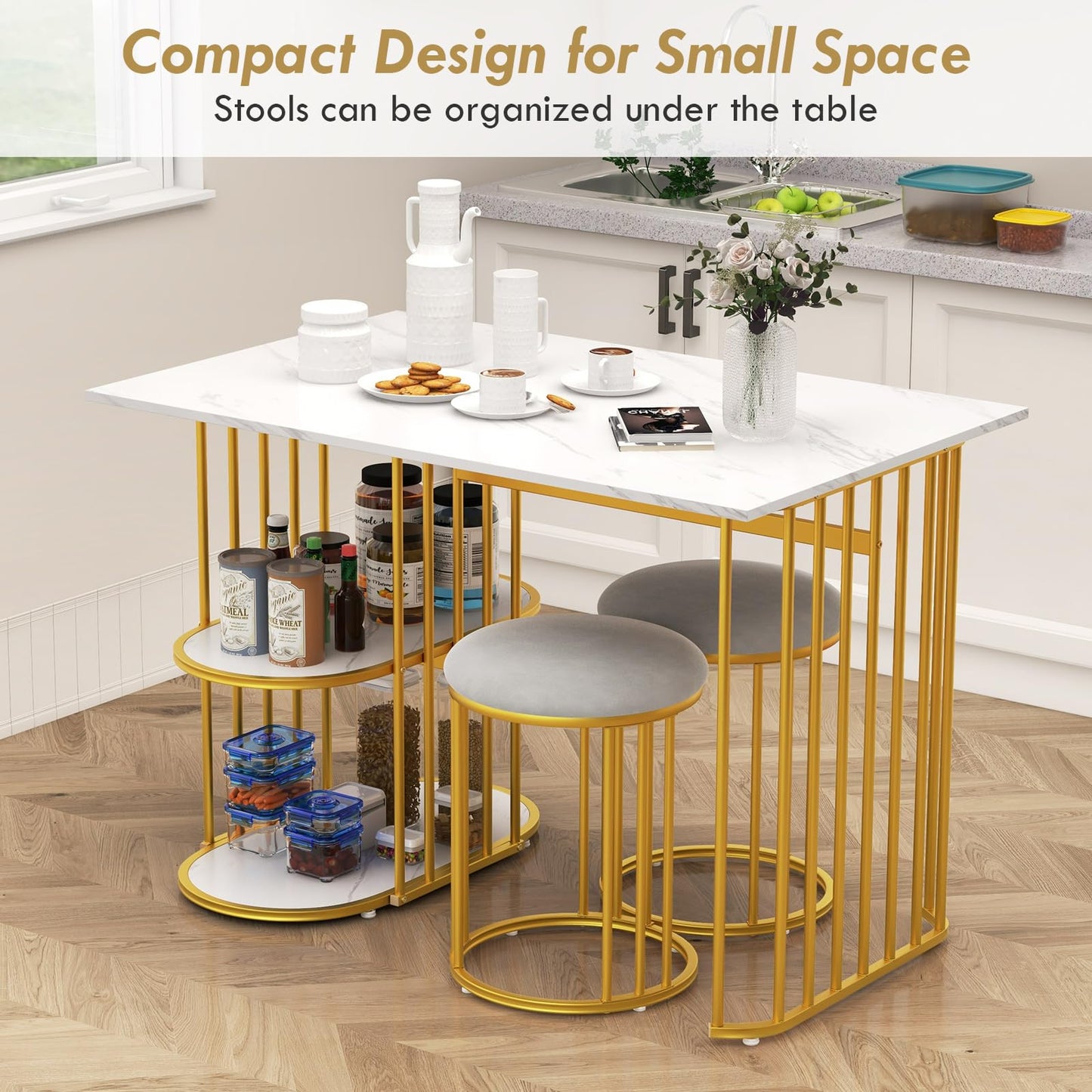 Giantex 3-Piece Dining Table Set for 2, Rectangular Kitchen Table with 2 Stools, 2-Tier Storage Shelf, Upholstered Seat, Faux Marble Top, Metal Frame, Dinette Desk, Breakfast Desk for Small Space