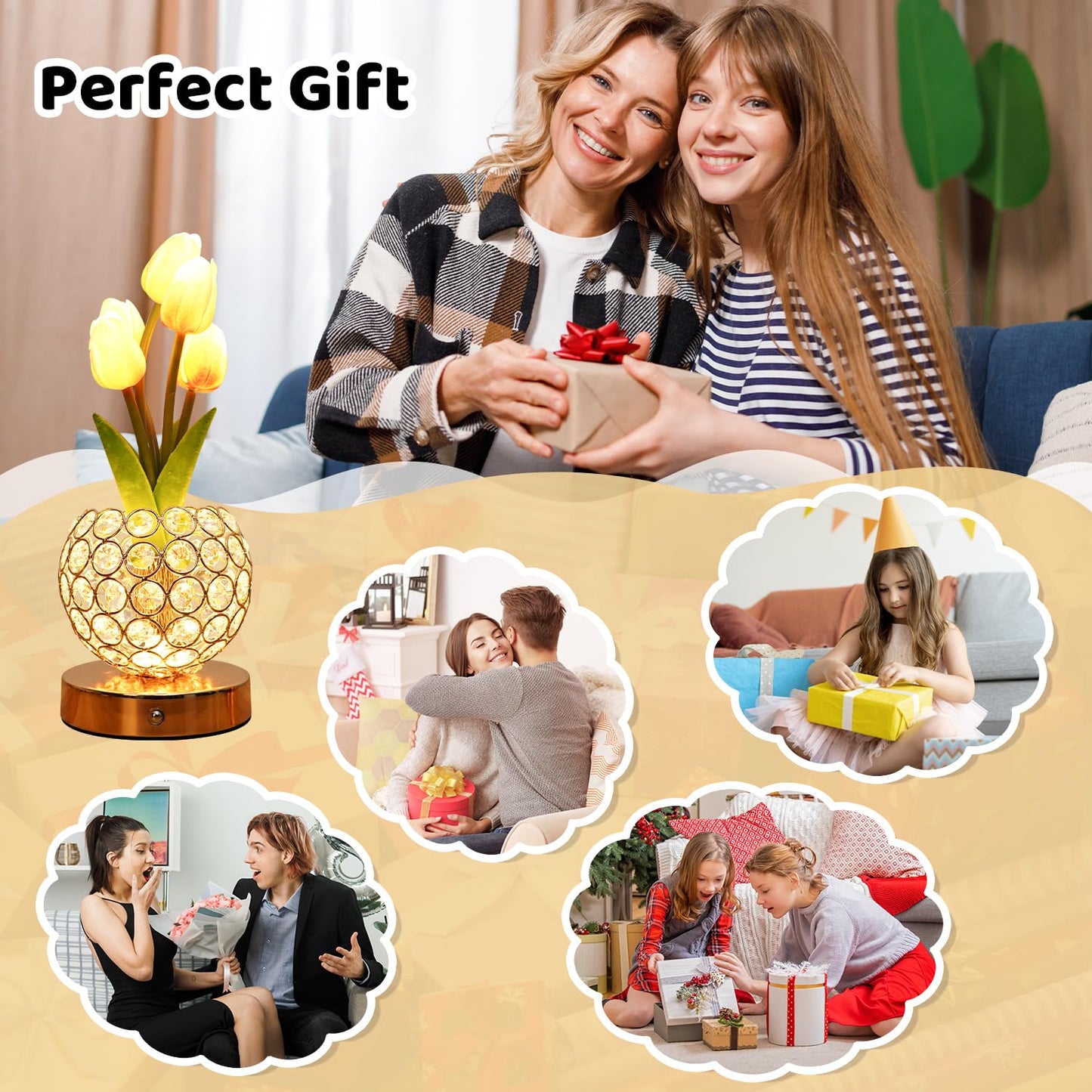Komothala Tulip Flower Lamp,4000mAh Rechargeable Cordless Lamp with 3-Colour Stepless Dimming,Touch Control Cordless Table Lamp Night-Light for Home Decor,Unique Birthday Gifts for Women