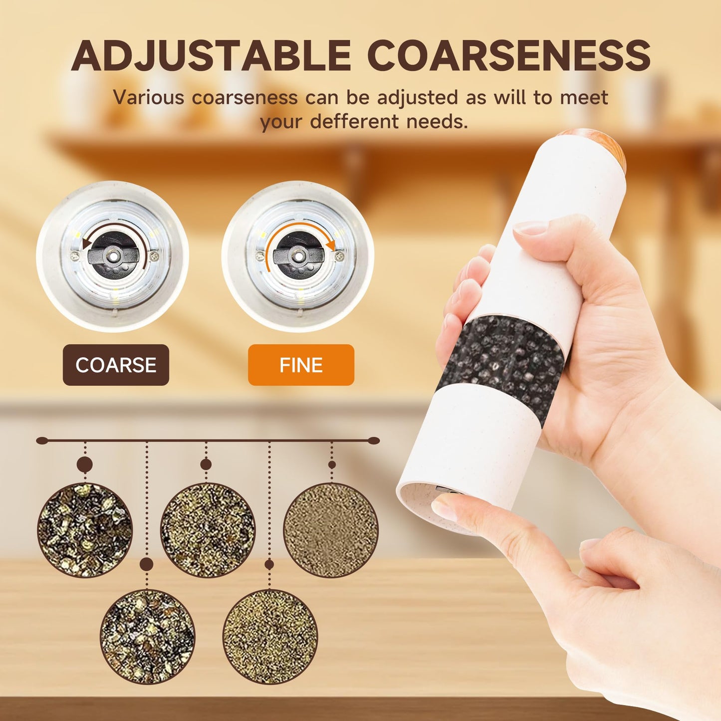 MEHIDFY Electric Salt and Pepper Grinder Set, 2 Pack Salt and Pepper Grinder Battery Operated, One-Handed Automatic Salt and Pepper Mill Grinder with LED Light, Adjustable Coarseness (White)
