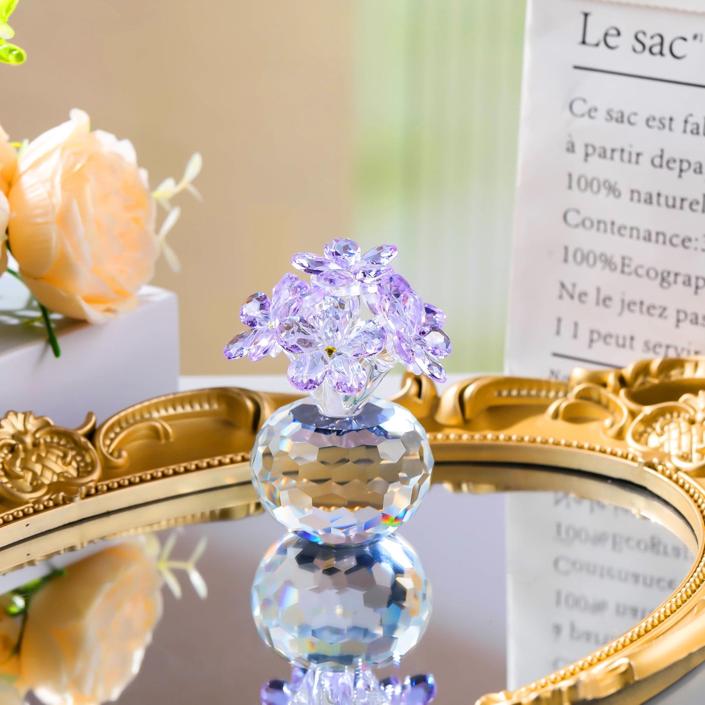 Qianwei Purple Crystal Flowers Figurine - Forget Me Not Gifts Sympathy Glass Flowers Collectible Figurines Decor Paperweight Ornament Home Office Table Desk Decorations