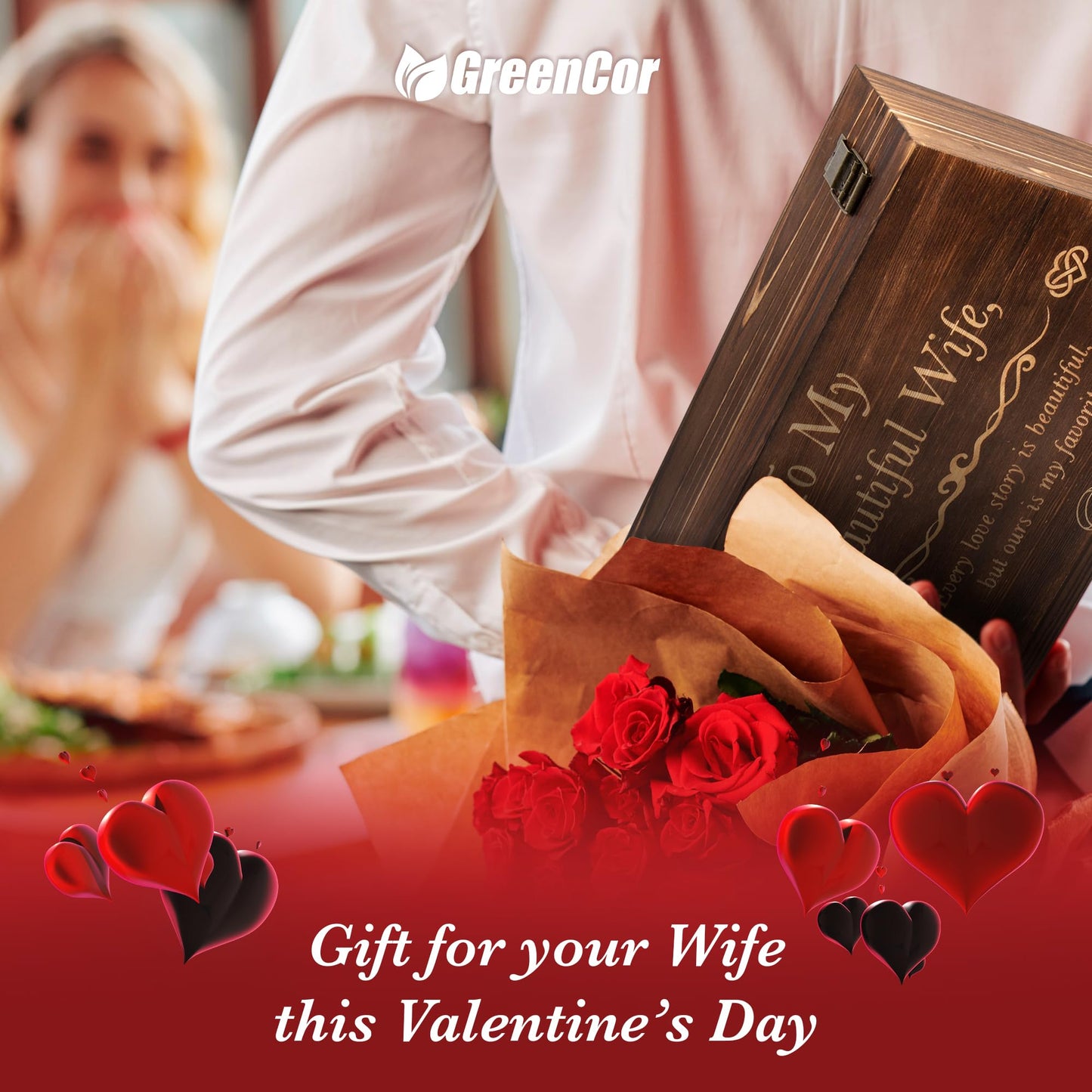 GreenCor Valentines Day for Wife Engraved Wooden Gift Set 'To My Beautiful Wife' Includes Crystal Engraved Heart 24K Gold Dipped Rose for Birthday Gifts