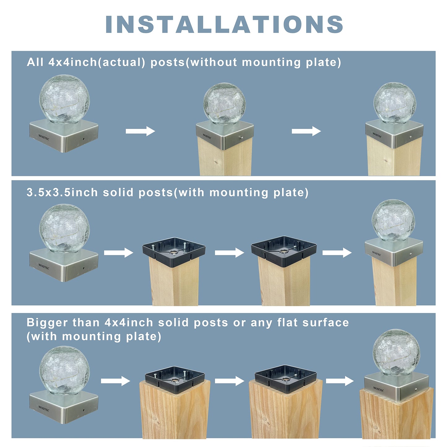 Maxxtek® Solar LED Crackle Ball Garden Post Deck Cap Lights Outdoor Fence Lights - Warm White 4 Pack