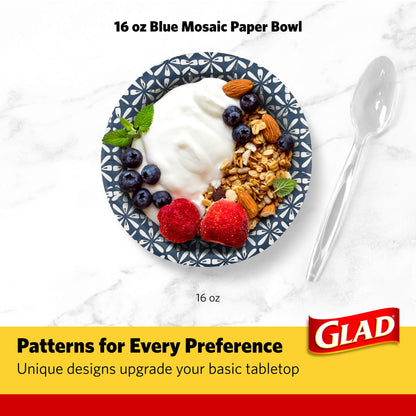 Glad Round Disposable Paper Bowls, Blue Mosaic Design - Heavy Duty, Soak-Proof, Cut-Resistant, Microwavable Paper Bowls for All Foods, Daily Use, and Special Occasions, 16 oz, 50 Count