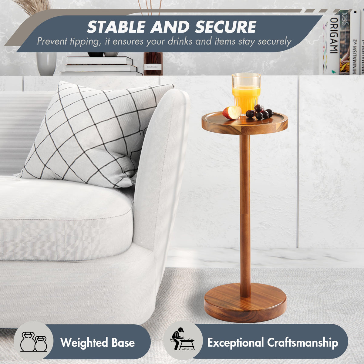 NAGAWOOD Pedestal Side Table, Acacia Drink Table with Weighted Base, Small Round Side Table for Small Spaces with Phone Holder, Martini & Cocktail Pedestal End Table for Living Room, RVs, Home Office