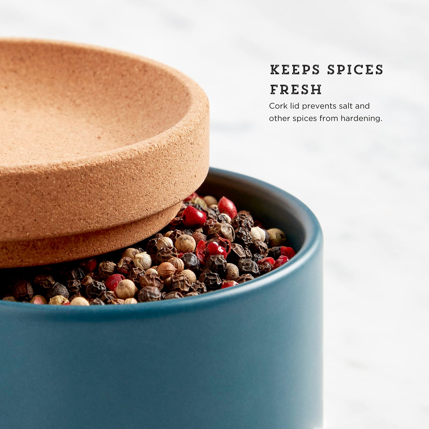 Ceramic and Cork 3 Piece Stackable Salt and Pepper Cellar For Countertop Space Saving, Easy Lift Lid to Retain Freshness, Natural Cork and Teal Ceramic