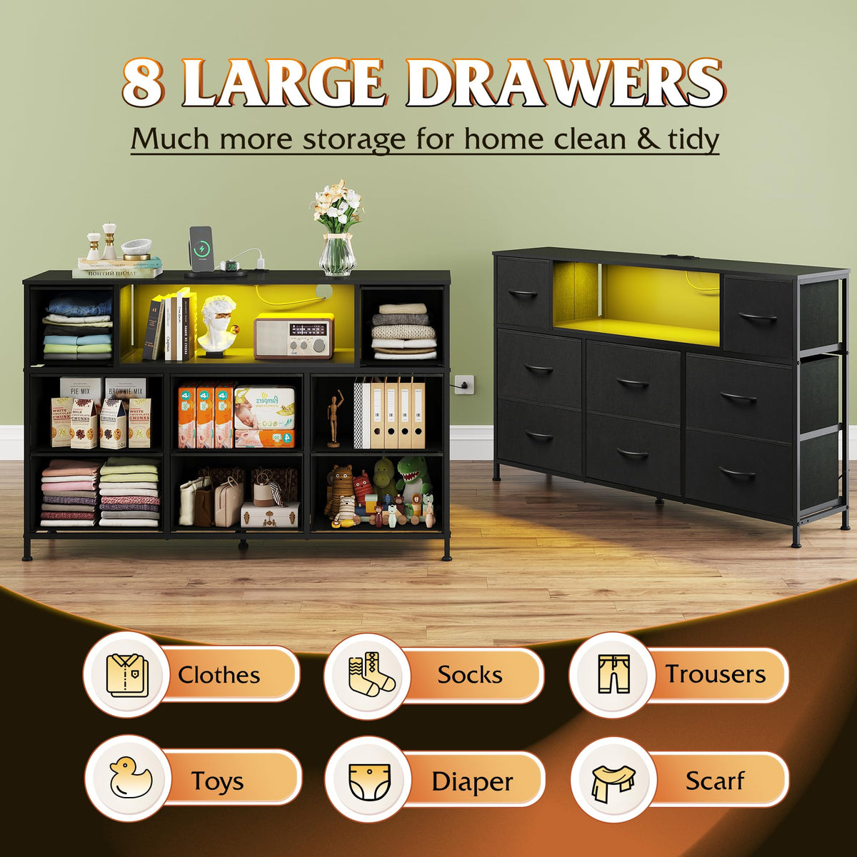 WLIVE Black Dresser TV Stand for 45, 50, 55 inch TV, Entertainment Center with LED Lights & Charging Station, Chest of Drawers with 8 Fabric Drawers and Open Shelves for Living Room, Hallway, Wood Top