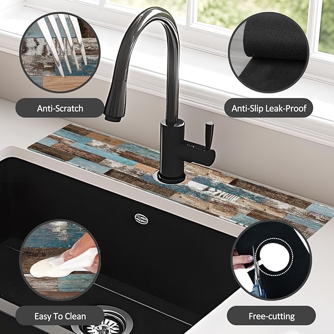 24" X 5.5" Kitchen Sink Splash Guard Faucet Mat Wood Grain Super Absorbent Fast