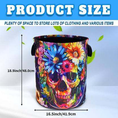 Skull Flowers Laundry Basket Oxford Cloth Funny Skeleton Laundry Hamper With Handle Foldable Portable Clothes Storage Basket 18.9 X 16.5 In Storage Bag For Laundry Room/Bathroom/Bedroom/Dormitories