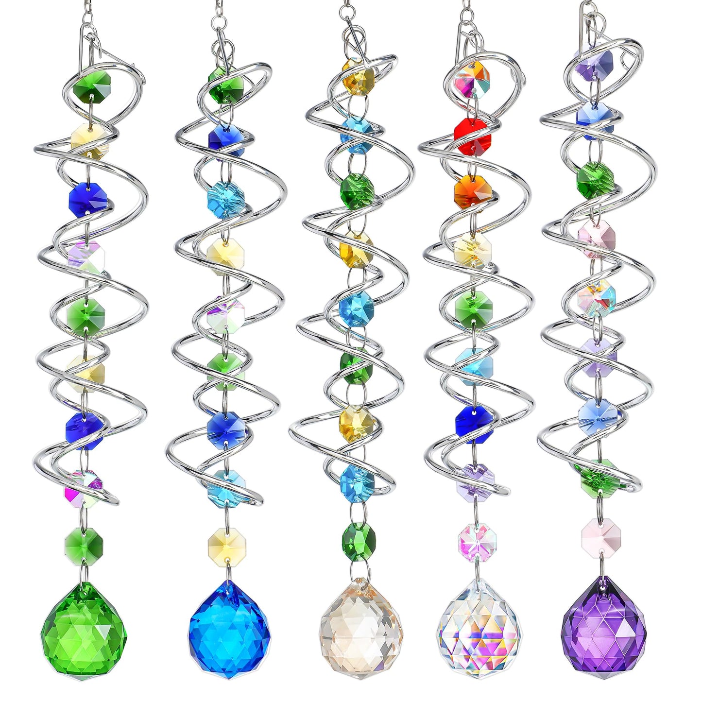 H&D HYALINE & DORA 5 Pack Sun Catchers Crystal Suncatchers for Windows Hanging Gazing Ball Spiral Tail Wind Spinners for Yard and Garden Indoor Home Decor