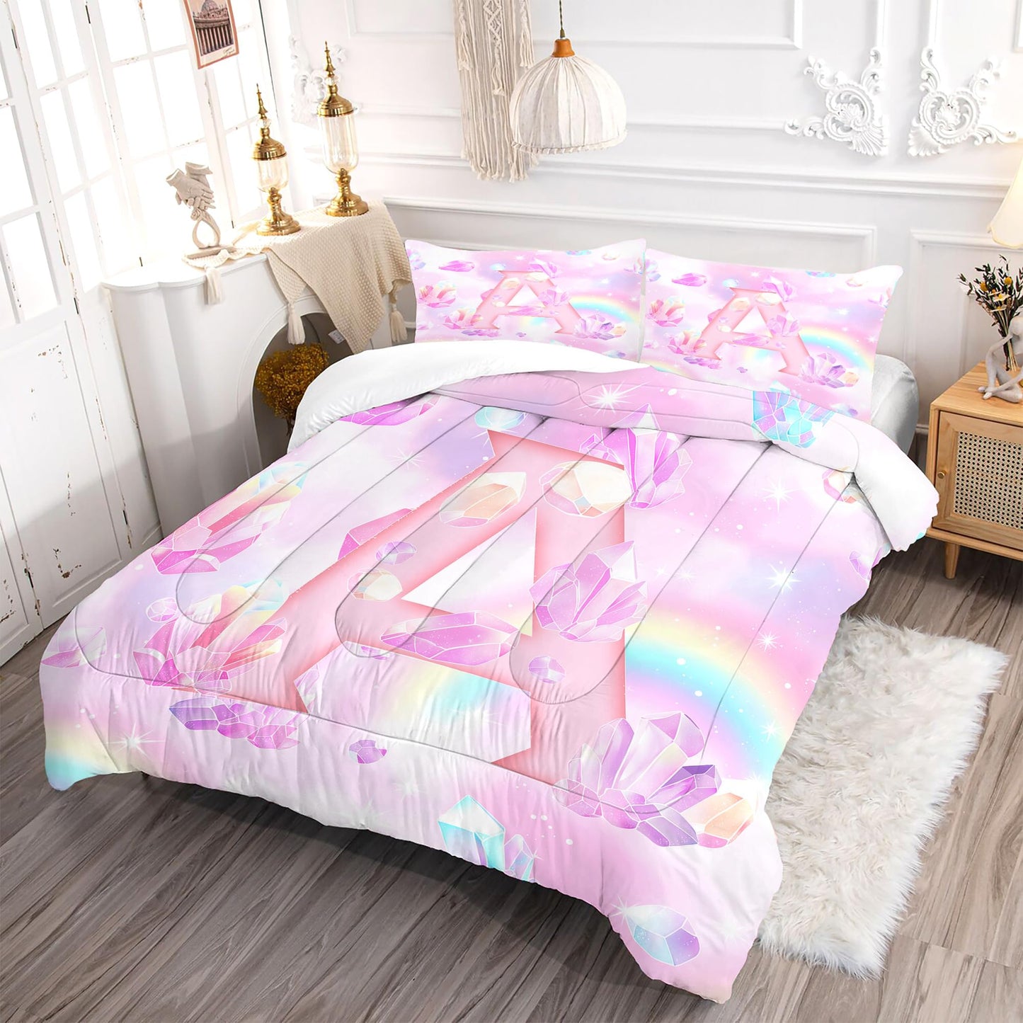 VTKON Pink Crystal Comforter Set for Kids Girls Queen Size 3 Piece Initial Letter A Bedding Set Glitter Rainbow Alphabet Bed Sets Sparkle Gemstone Bedroom Decor with 2 Pillow Cases