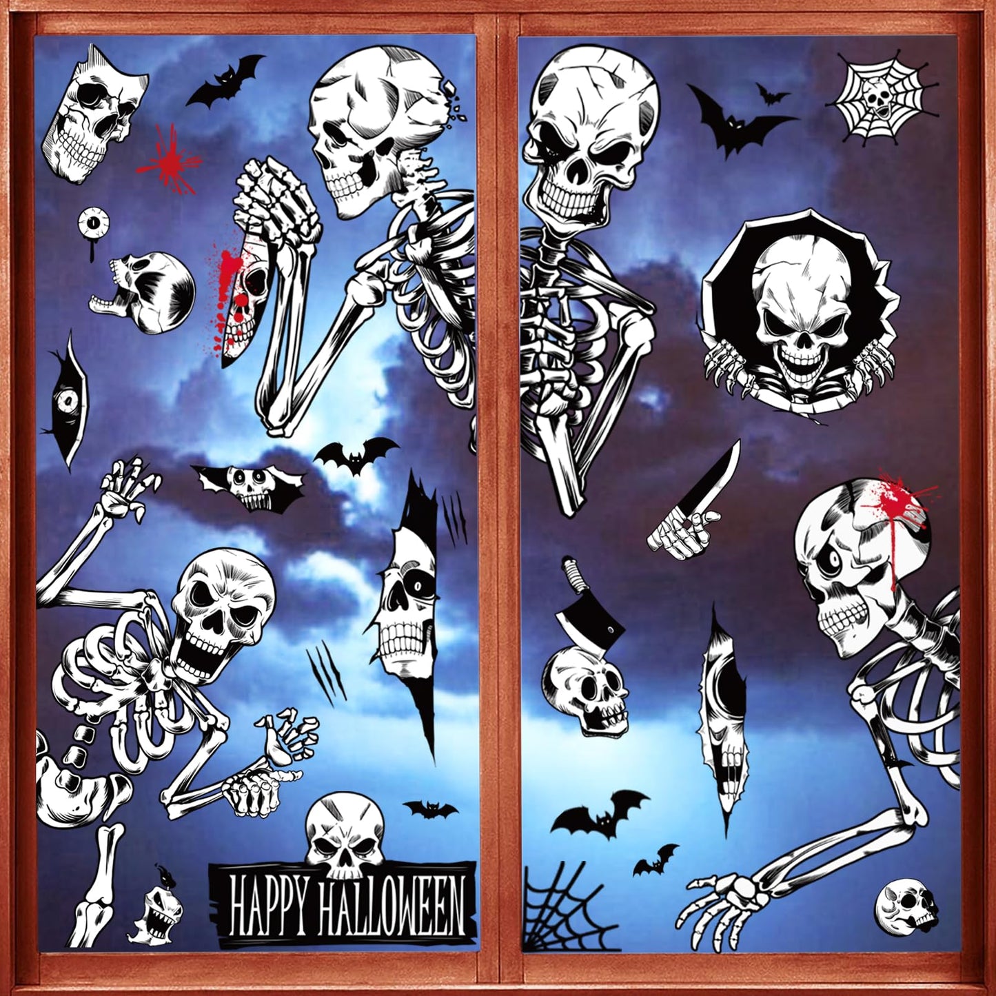 NEWMIAO Halloween Window Stickers, 8 Sheets Halloween Skeleton Window Clings Decals for Party Decorations, Scary Hallowmas Stickers Glass Window Home Decor for Indoor Outdoor Party Supplies