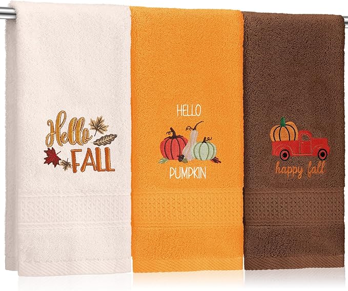 3 Pcs Fall Pumpkin Hand Towels for Bathroom Embroidered Bathroom Towels