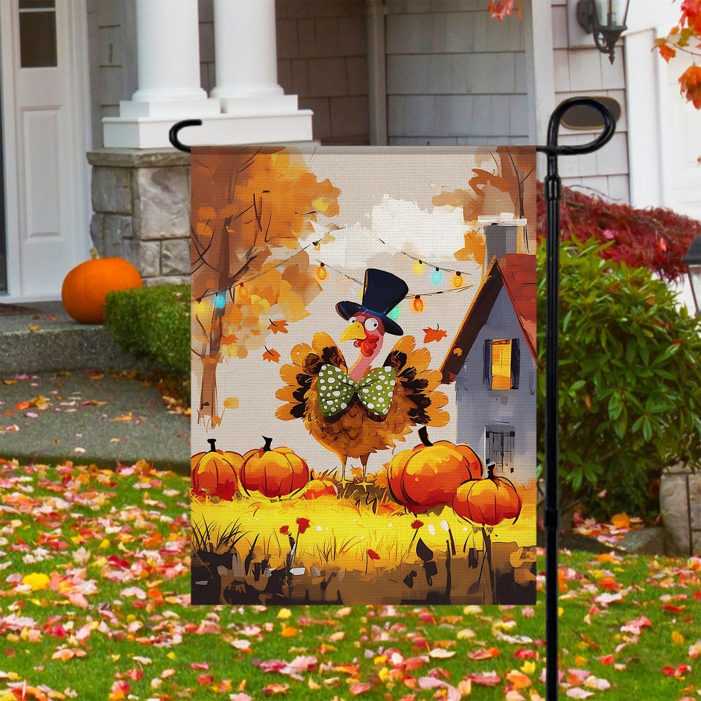 Thanksgiving Lighted Fall Garden Flag, Solar Outdoor Decorative Led Flags Yard Decor, 8 Lighting Modes Led Flag,12x18 Double Sided Turkey Pumpkin Halloween Decorations for Home Porch Outside