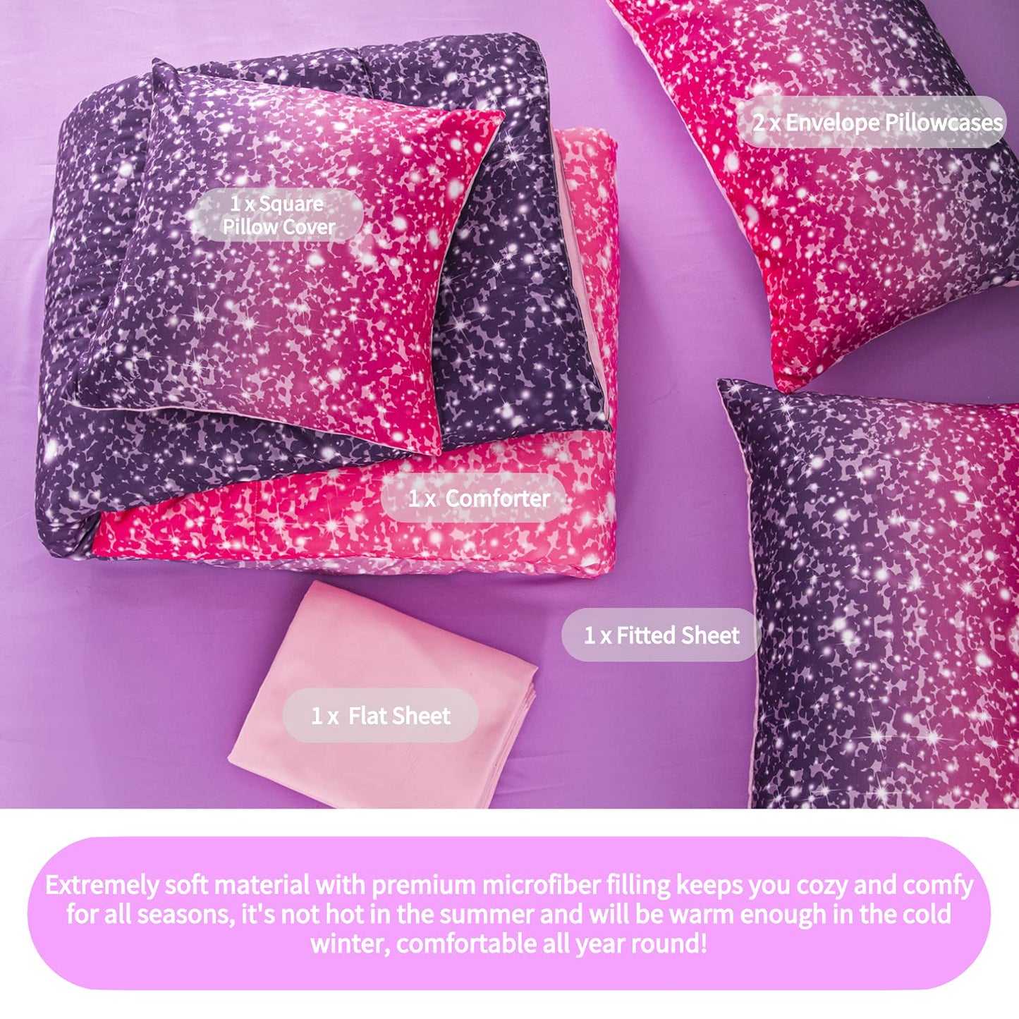 RYNGHIPY 6Pcs Twin Gradient Pink Purple Glitter Comforter Sets for Teens Girls Kids, Colorful Rainbow Glitter Themed Bedding Set