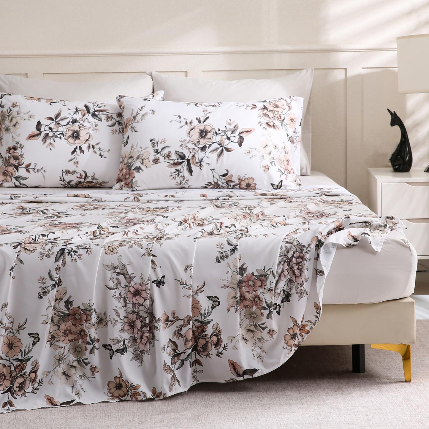 LONAVA Floral Queen Size 6 Pcs Sheet Set, Breathable Microfiber Deep Pocket Light Grey Fitted Sheets, Comfy & Breathable Patterned Flat Sheets,4 Gentle Soft Pillowcases, Withered Flowers