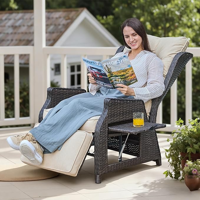 Outdoor Indoor Wicker Recliner with Adjustable Back and Footrest, Patio Reclining Chair with Flip-up Table, Outdoor Rattan Lounge Chair, Beige 2PCS