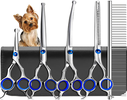 Doscpe 6 in 1 Professional Dog Grooming Scissors Set Pet Hair Cutting Shears Kit, Stainless Steel with Safe Rounded Tips for Dog Cat Other Animals, Right Left Handed
