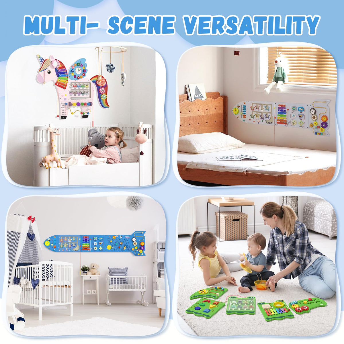 Spacocld Rocket Activity Wall Busy Board Panels - Sensory Wall Panel for Kids, Montessori Toddler Wall Activity Board, Wall Toys for Toddlers 3, Activity Cube, Wooden Multi-Activity Boards, Blue(5PCS)