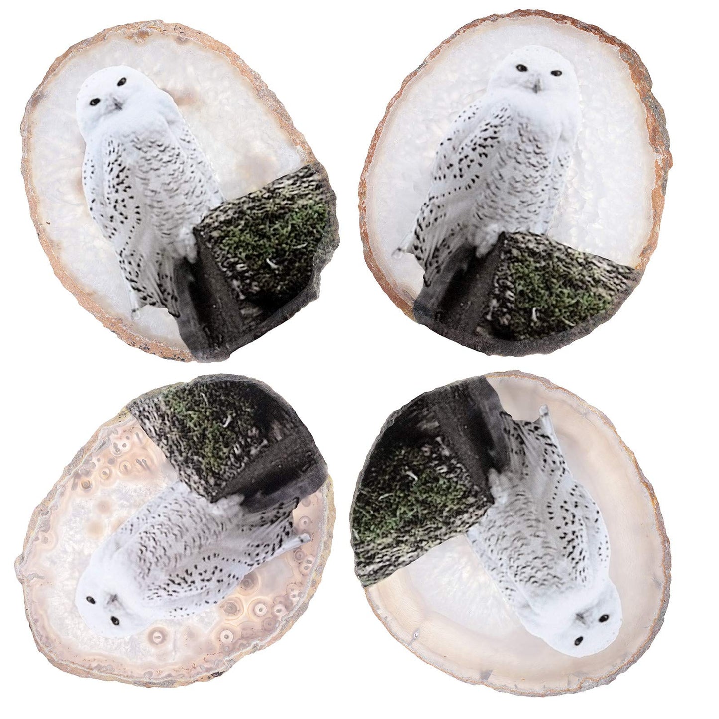 mookaitedecor Natural Agate Slice Art Print Snowy Owl Table Display with Wooden Stand, Irregular Agate Geode Stone Figurine for Office & Home Decoration