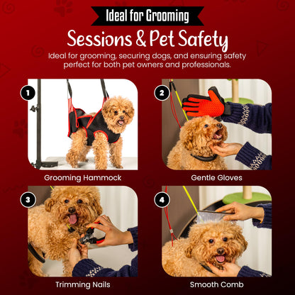 Dog Grooming Arm with Clamp & Pet Grooming Hammock | 4 Extra Bundles | Dog Grooming Stand with Grooming Gloves, Shears & Comb & Nail File | Grooming Table Arm with Adjustable No Sit Haunch Holders