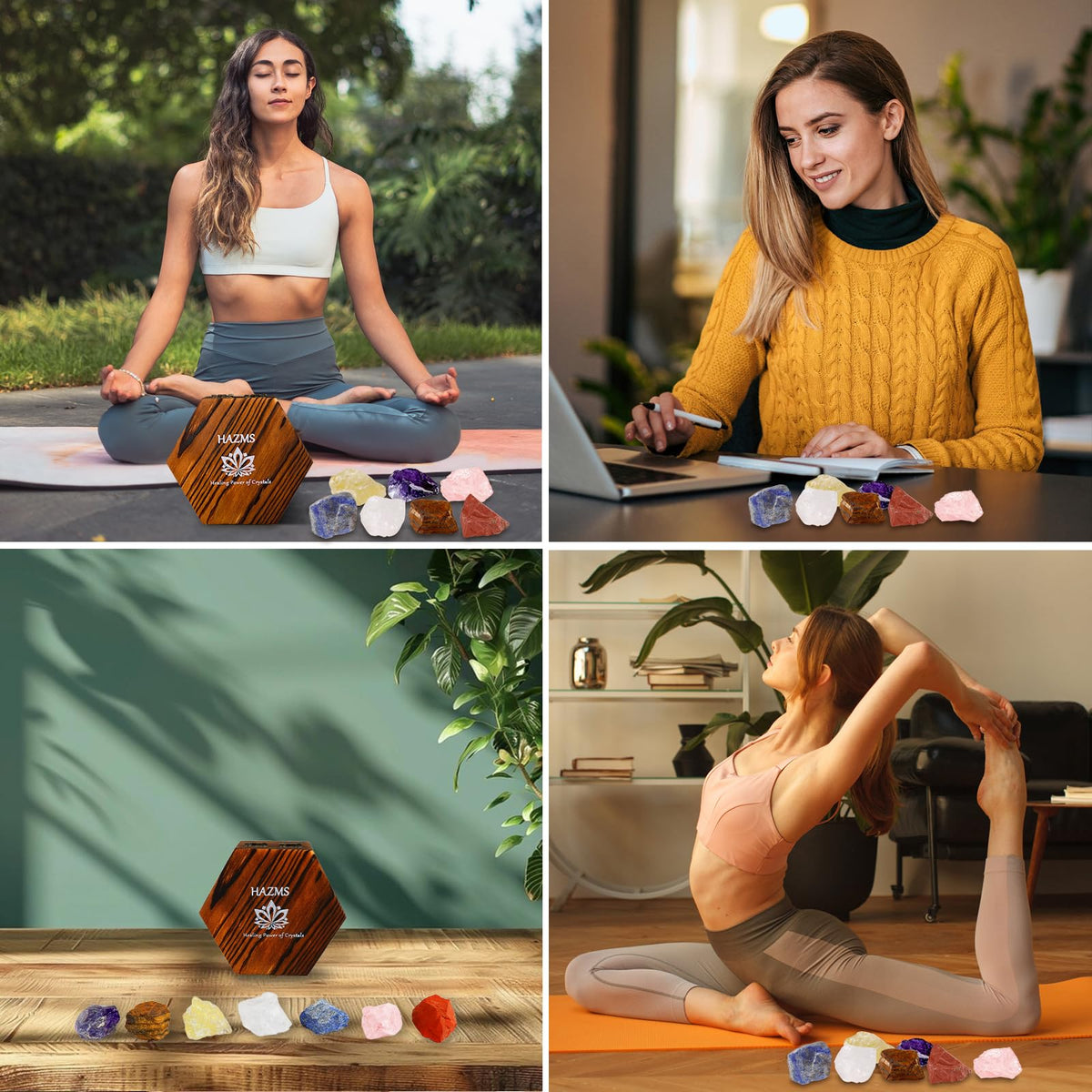 Hazms 7pcs Crystals and Healing Stones with Wooden Gift Box, Raw Healing Crystals and Chakra Stones Set, Rose Quartz, Amethyst, Clear Quartz for Meditation Yoga Healing Protection-Gift for Women