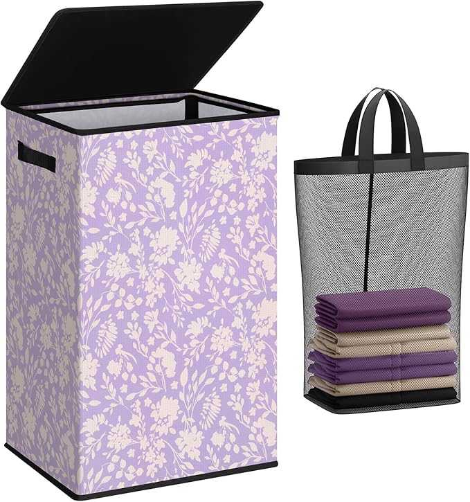 SOLEDI Laundry Hamper with Lid, 90L Tall & Large Floral Laundry Basket