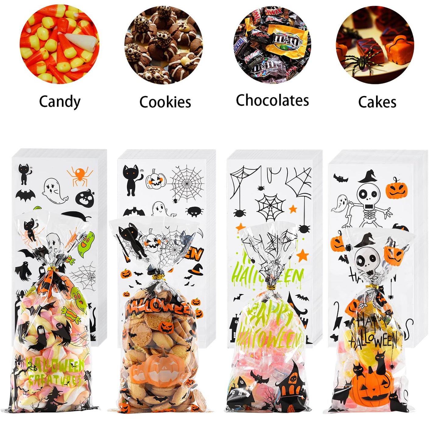 ONFAON Halloween Cellophane Treat Bags, 180pcs Halloween Trick or Treat Goody Gags with 200pcs Twists for Snacks Cookies Packing, Goodie Bags Party Supplies (10.8 * 4.9in)