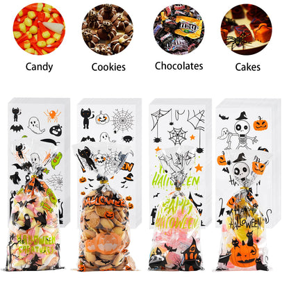 ONFAON Halloween Cellophane Treat Bags, 180pcs Halloween Trick or Treat Goody Gags with 200pcs Twists for Snacks Cookies Packing, Goodie Bags Party Supplies (10.8 * 4.9in)