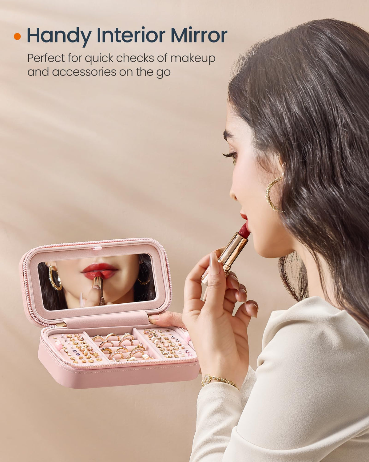 SONGMICS HOME Travel Jewelry Case, Travel Jewelry Box Organizer with Mirror, 4.1 x 8 x 2.4 Inches, Stitching, Portable, Gift Idea, Jelly Pink UJBC180S01
