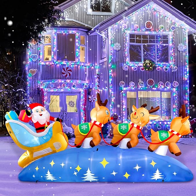 9.5FT Christmas Inflatables Outdoor Decorations Santa Claus on Sleigh with 3 Reindeer Christmas Blow ups Built in LED Lights Inflatable Christmas Decorations for Holiday Garden Lawn