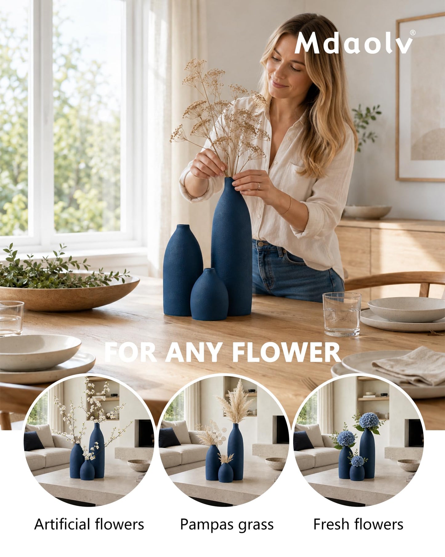 Mdaolv Matte Blue Vase Set Navy Blue Decor Coastal Decor Vases for Kitchen Island Living Room Office Table Fireplace Mantle Decorations & Bathroom Shelf Decor Centerpiece Table Decorations Ceramic