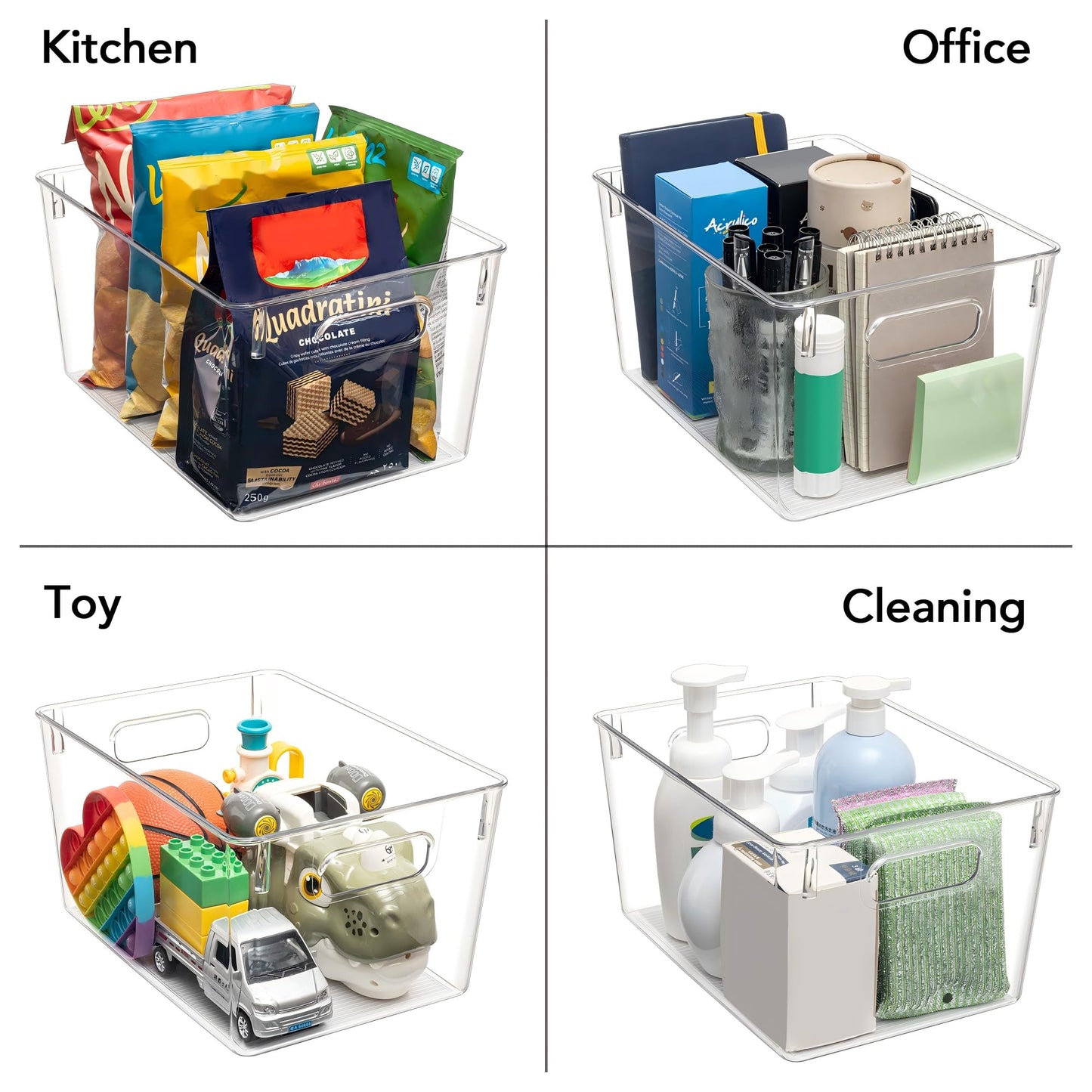 Tiawudi Set of 10 Clear Plastic Storage Bins, 4 Large and 6 Small Stackable Storage Containers for Pantry Organization, Organizer Bins for Home, Kitchen, Bathroom, Office, Cabinet Shelf Organizers