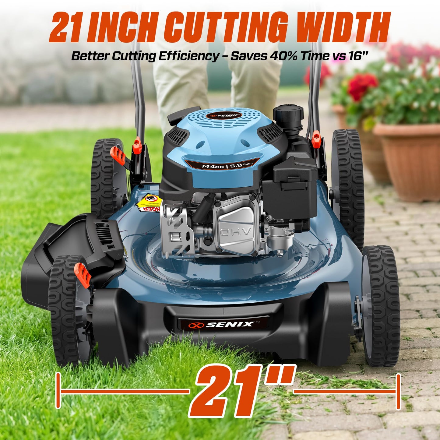 SENIX 21-Inch Gas Lawn Mower, 144CC 4-Cycle Engine Push Mower with Mulching & Side Discharge, 6-Position Cutting Height Adjustment, Residential Walk-Behind Mower for Yard & Garden