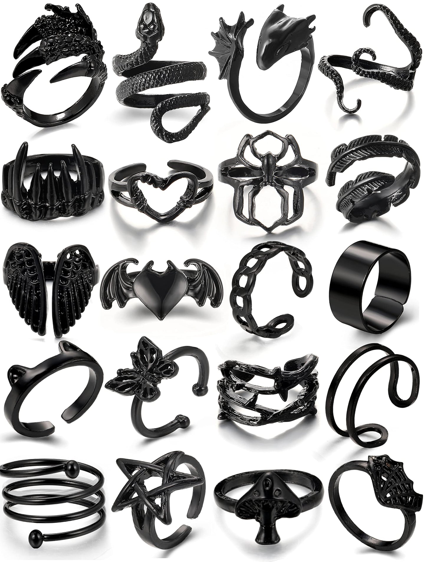Black Gothic Vintage Rings Set - 20-30 PCS Cool Punk Snake Claw Rings Set, Y2K Snake Claw Rings, Open Butterfly Star Stacking Ring Jewelry, Gift for Men Women (Black 1)