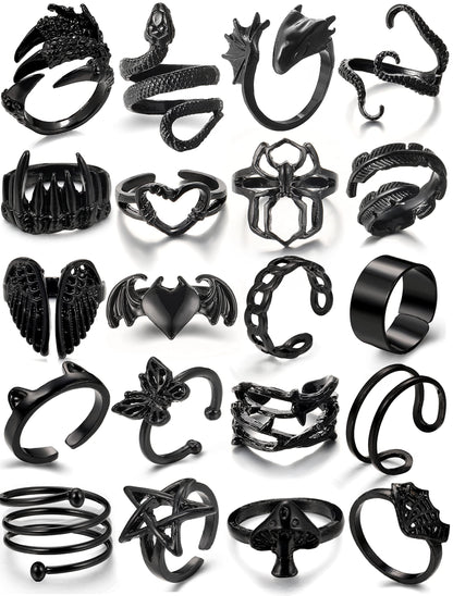 Black Gothic Vintage Rings Set - 20-30 PCS Cool Punk Snake Claw Rings Set, Y2K Snake Claw Rings, Open Butterfly Star Stacking Ring Jewelry, Gift for Men Women (Black 1)