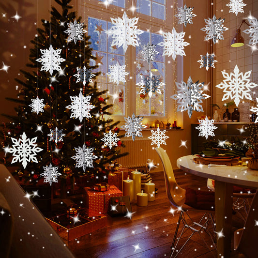 24pcs 3D Snowflake Ornaments - 3 Sizes, Frozen Christmas & Baby Shower Decorations, White & Silvery