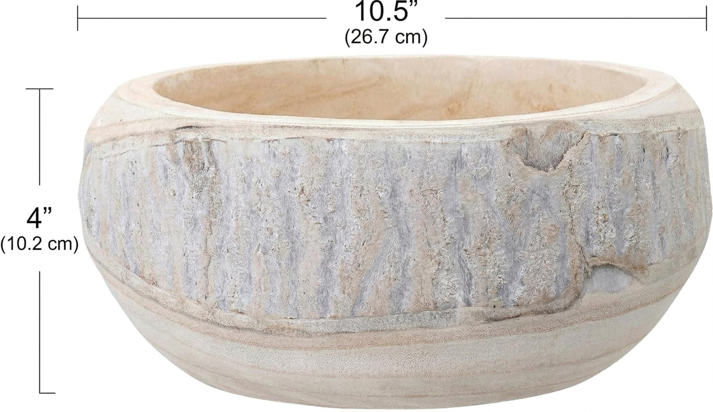 BOLTCORRSE Large Whitewashed Decorative Wood Bowl - Dramatically Textured Hand-Carved Paulownia Wooden Centerpiece - Rustic Farmhouse & Organic Modern Decor Accent