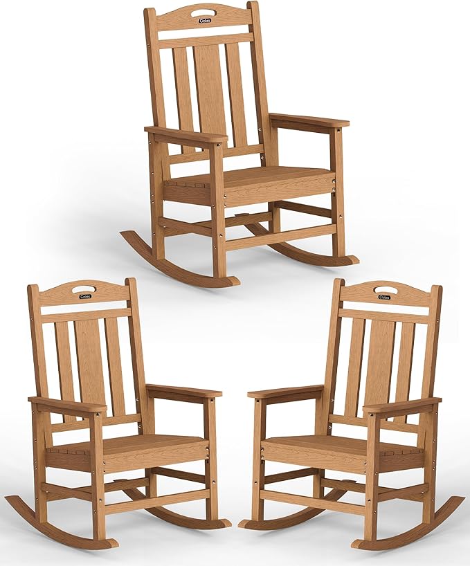 Ciokea Oversized Outdoor Rocking Chairs Set of 3, 380lbs Heavy-Duty Large Patio Rocker, High Back Cozy Porch Chairs, Weather Resistant Patio Rocking Chairs for Outside, Fire Pit, Deck, Teak