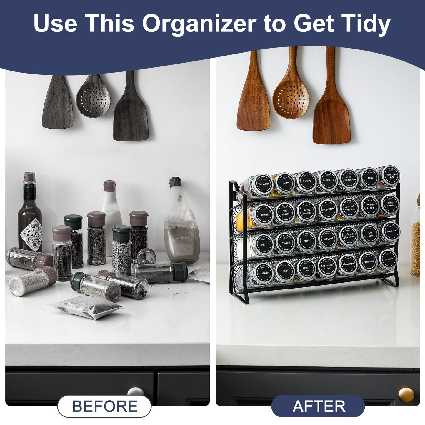 AOZITA Spice Rack Organizer for Cabinet, Spice Organizer with 28 Empty Spice Jars with Black Lids, Funnel, Spice Labels, Seasoning Organizer for Countertop, Cabinet, Kitchen, Pantry, Cupboard