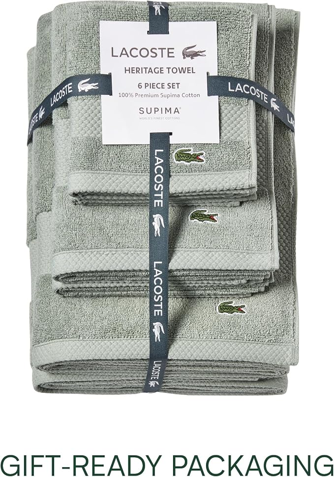 Lacoste Heritage Supima Cotton 6-Piece Towel Set, 2 Bath Towels, 2 Hand Towels