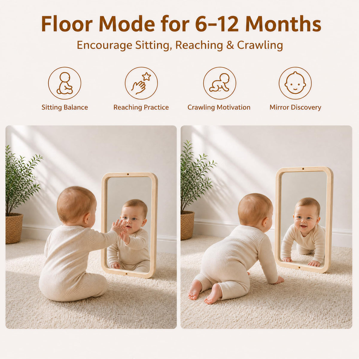Woodtoe Montessori Mirror with Bar, Adjustable Tummy Time Floor Mirror, Baby Pull to Stand Toys, Natural Unpainted Solid Wood Frame, Baby Pull Up Bar, Developmental Toys for Nursery (Small Size)