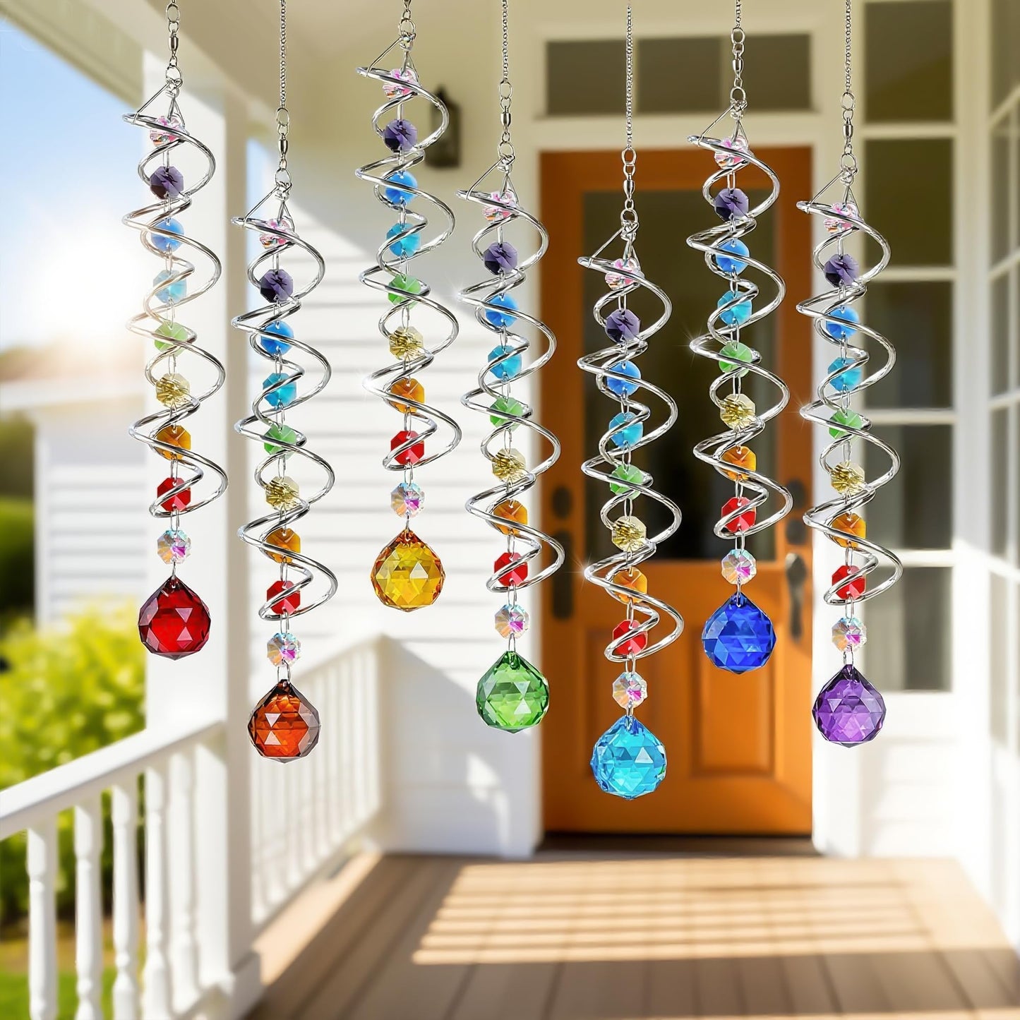 H&D HYALINE & DORA 7 Pack Crystal Suncatchers for Windows Hanging Gazing Ball Spiral Tail Wind Spinners Stainless Steel Hanging with Swivel Hook for Yard and Garden Indoor Home Decor