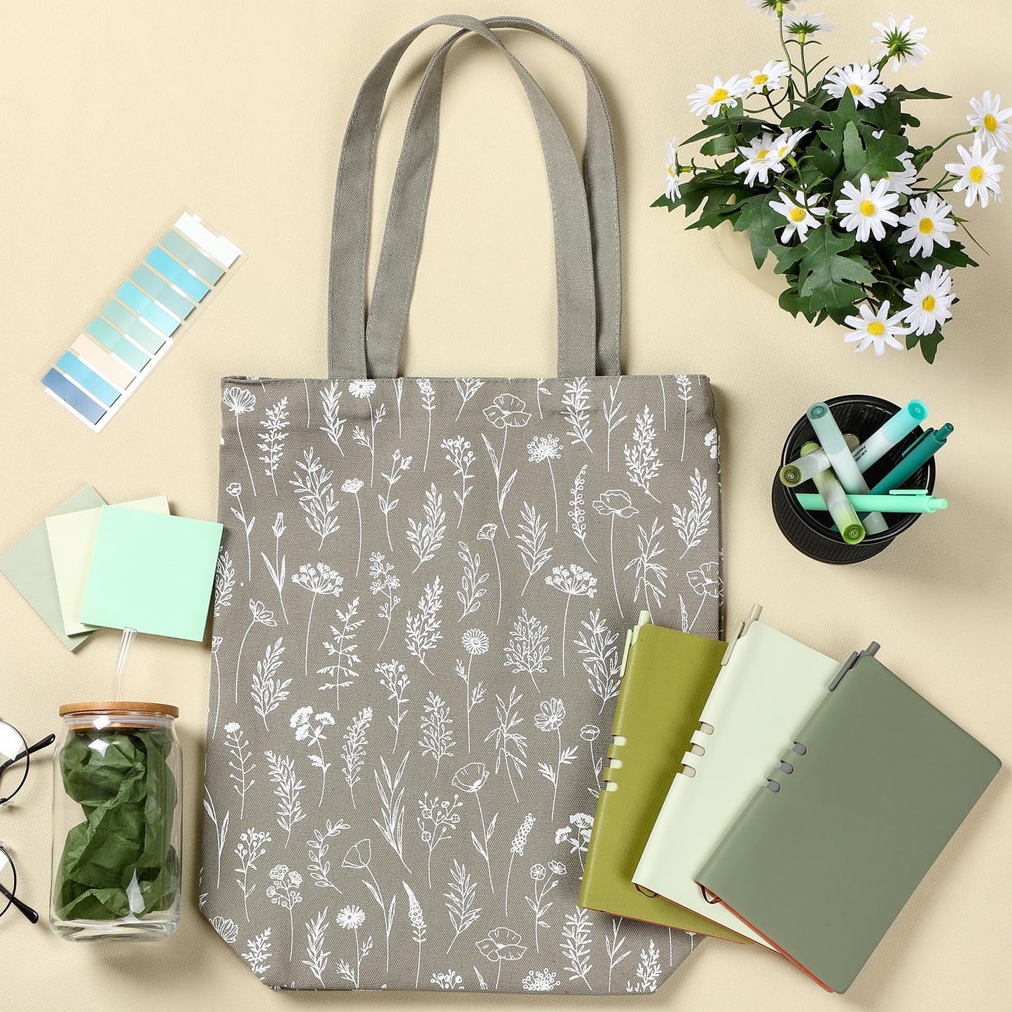 Yiyiring 18 Pcs Sage Green Office School Study Supplies Aesthetic Stationery Set Glass Cup Canvas Tote Bag A6 Leather Journal Notebook Green Sticky Notes for Women Book Lover Librarian Graduation Gift